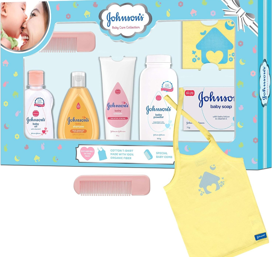 Johnson's Baby Care Collection with Organic Cotton Baby Tshirt (7 Gift Items, Blue)